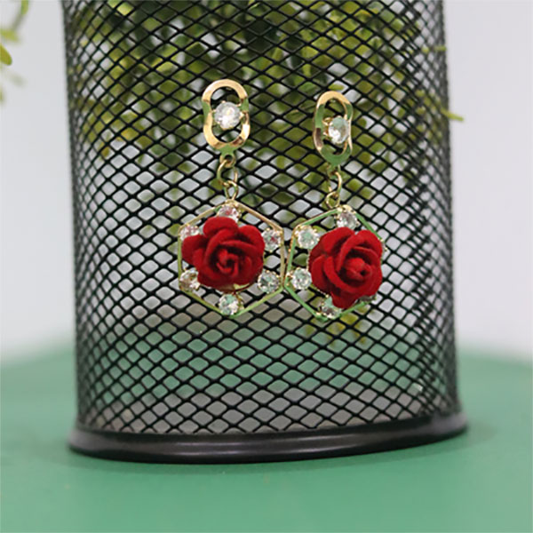 Red Floral Flower Crystal Beads Earrings- Floral Charm Earrings for Girls