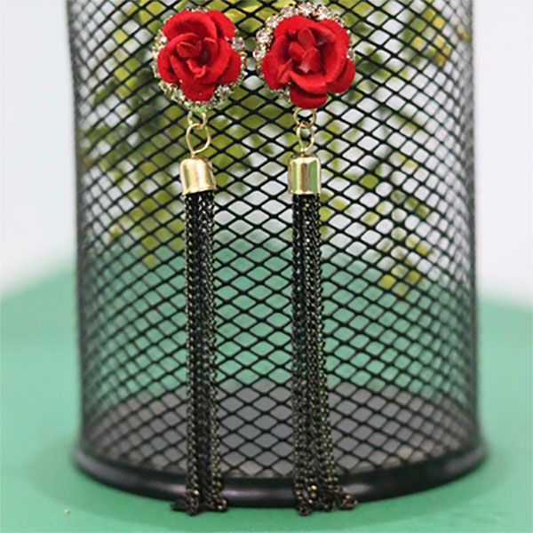 Red Floral Rose with Black Long Tail Earrings- Crystal Stone Flower Drop Earrings for Girls Party Jewelry