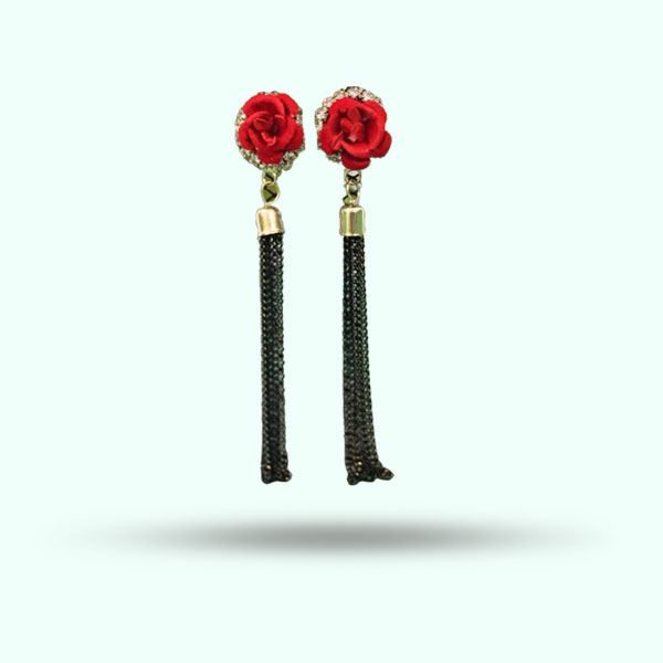 Red Floral Rose with Black Long Tail Earrings- Crystal Stone Flower Drop Earrings for Girls Party Jewelry