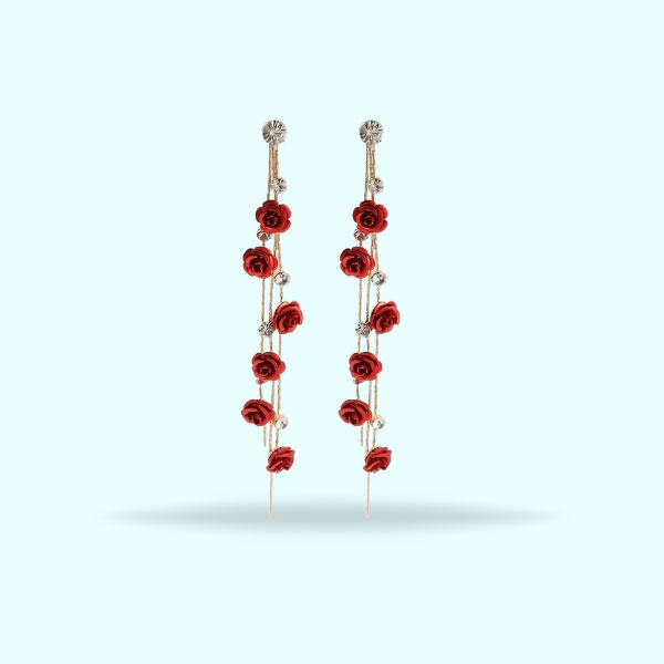 Beautiful Red Rose Pearl Long Earrings- Flower Drop Earrings Red for Girls