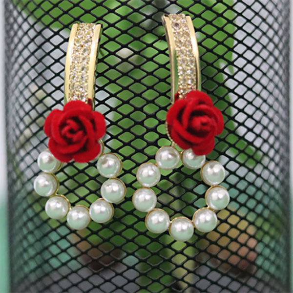 Red Rose with Adorable White Beads Earrings- Stunning Golden Drop Earrings for Girls
