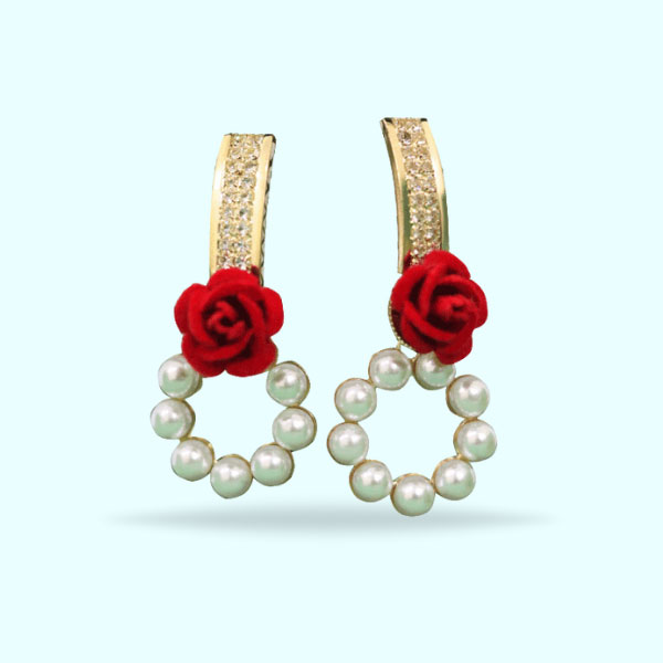Red Rose with Adorable White Beads Earrings- Stunning Golden Drop Earrings for Girls
