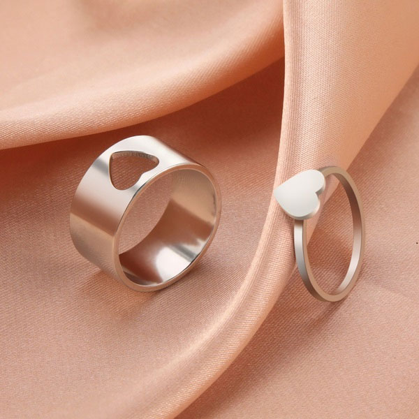 Stainless Steel Couple Heart Love Promise Rings Set- Adjustable Heart Open Finger Rings for Women and Men