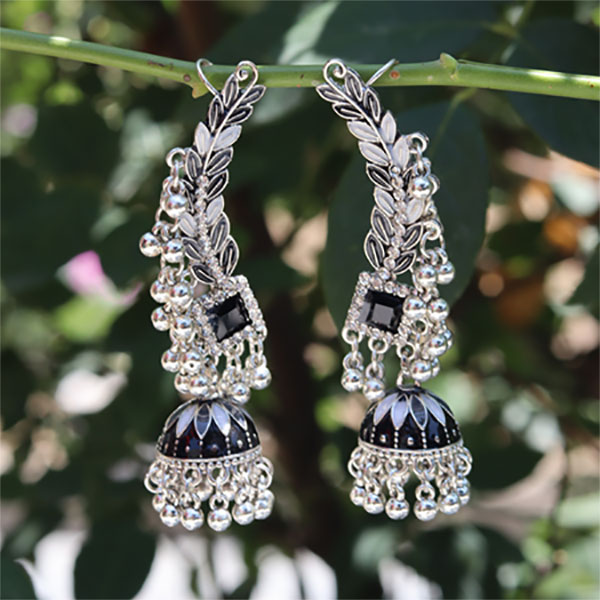Silver and Black Antique Jhummka Earrings- Traditional Jhummky Earrings for Girls