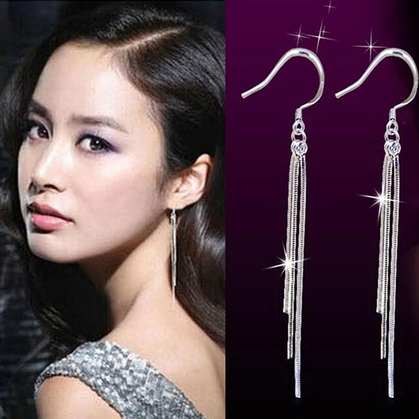 Silver Crystal Long Tassel Earrings- Stainless Steel Drop Long Earrings for Girls Party Jewelry