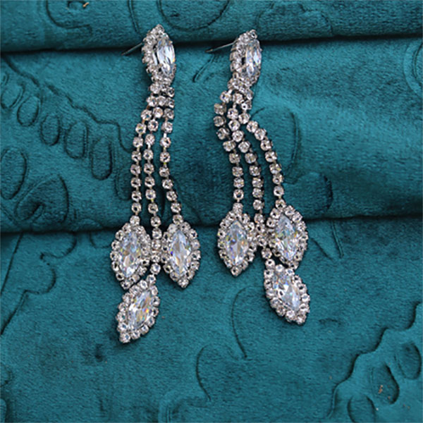 Silver Crystal Stone Long Earrings- Sparkling Drop Earrings for Girls