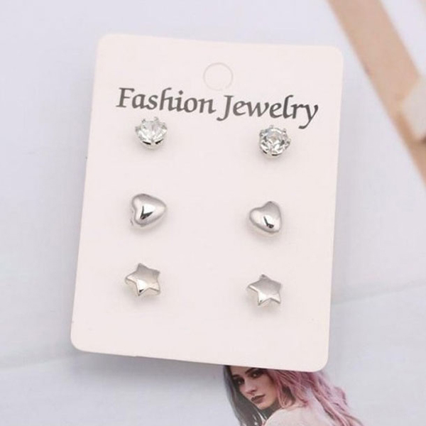 Silver Design Heart Star Stud Earrings- Simple Trendy Stud Earrings for Girls