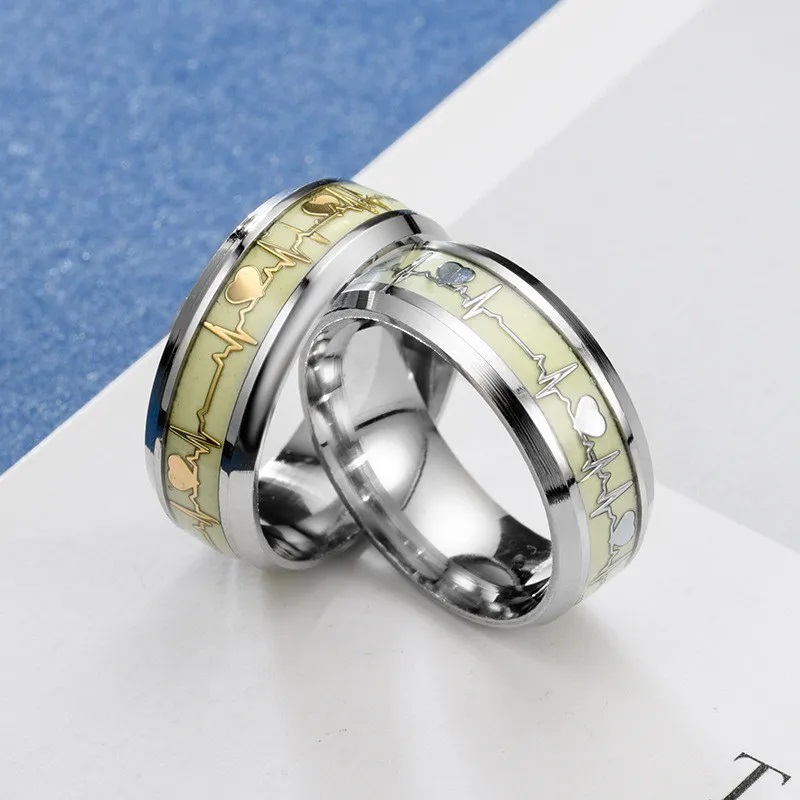 Size 10 Fashion Stainless Steel Luminous Finger Ring For Women Men Glowing In Dark Heart Couple Wedding Bands Jewelry Gift Accessories