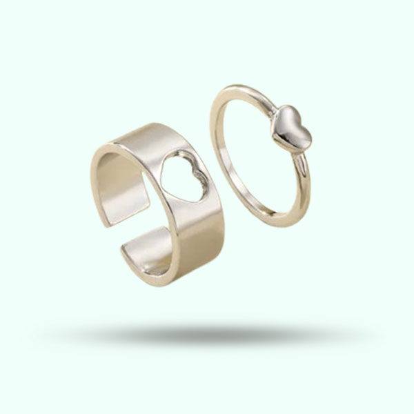 Stainless Steel Couple Heart Love Promise Rings Set- Adjustable Heart Open Finger Rings for Women and Men