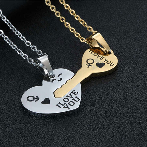 Stainless Steel Heart And Key Couple Pendant Necklaces- Heart-Shaped For Men and  Women Jewelry Gift