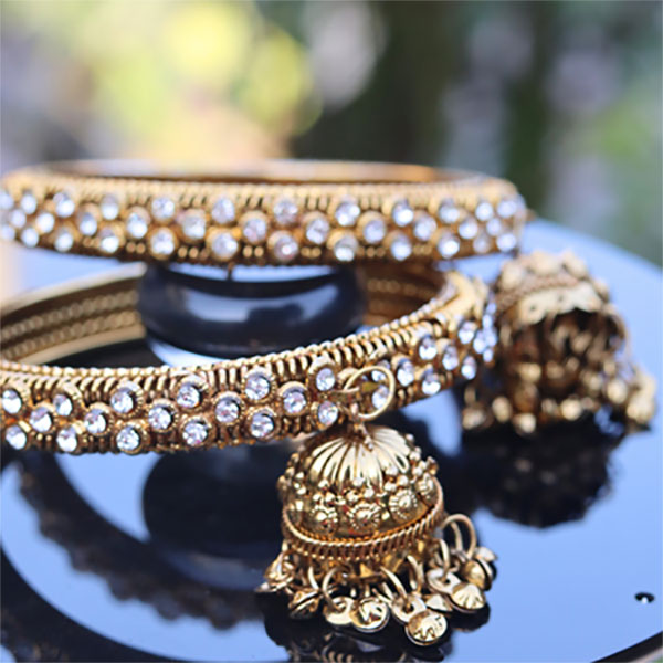 Stunning Golden Antique Bangles Set- Stones Jhummka Bangles Women Jewelry