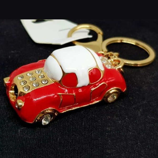 Stunning Red Car-Shaped Keychain- Golden Crystal Stones Car Keychain for Keys
