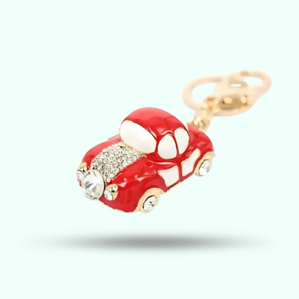 Stunning Red Car-Shaped Keychain- Golden Crystal Stones Car Keychain for Keys