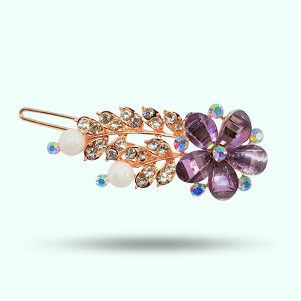 Stylish Purple Stones Flower-Shaped Hair Pin- Golden Hair Pin for Girls Accessories