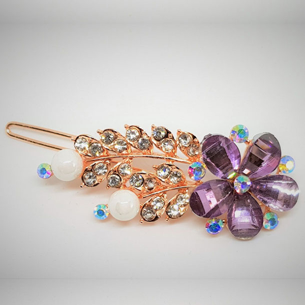 Stylish Purple Stones Flower-Shaped Hair Pin- Golden Hair Pin for Girls Accessories