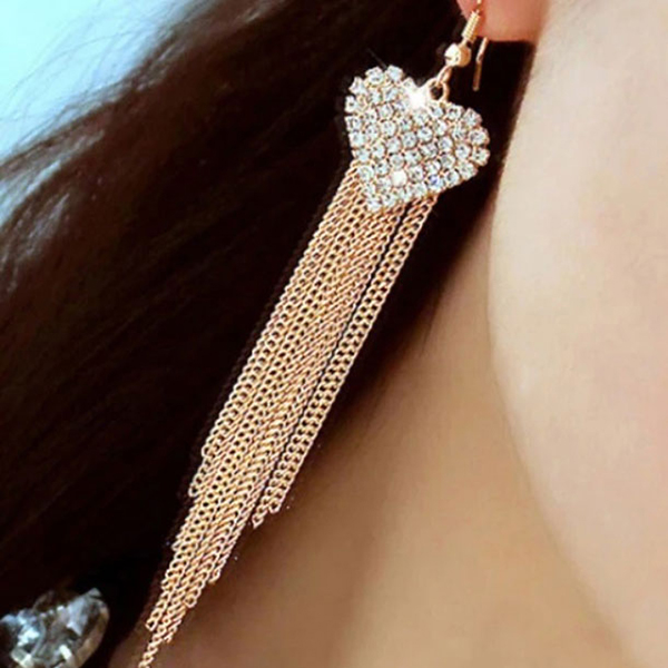 White Crystal Stones Heart Earrings- Golden Tassel Long for Women Jewelry