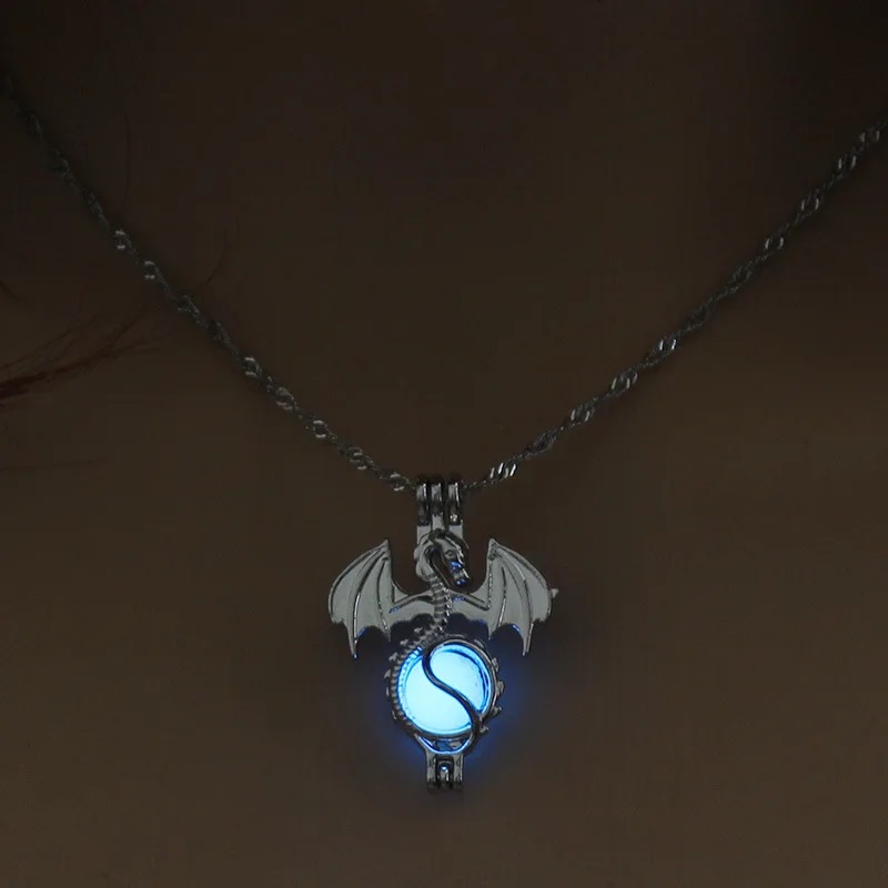 Women Luminous Necklaces Glow In The Dark Flying Dragon Stone Cage Pendant Necklace For Ladies Fashion Jewelry Accessories